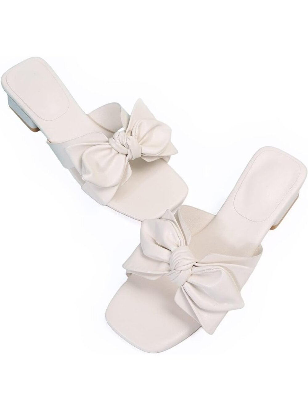 Women's White Summer Bow Dressy Low Heel Open Toe Mules Slip on Heel Sandals